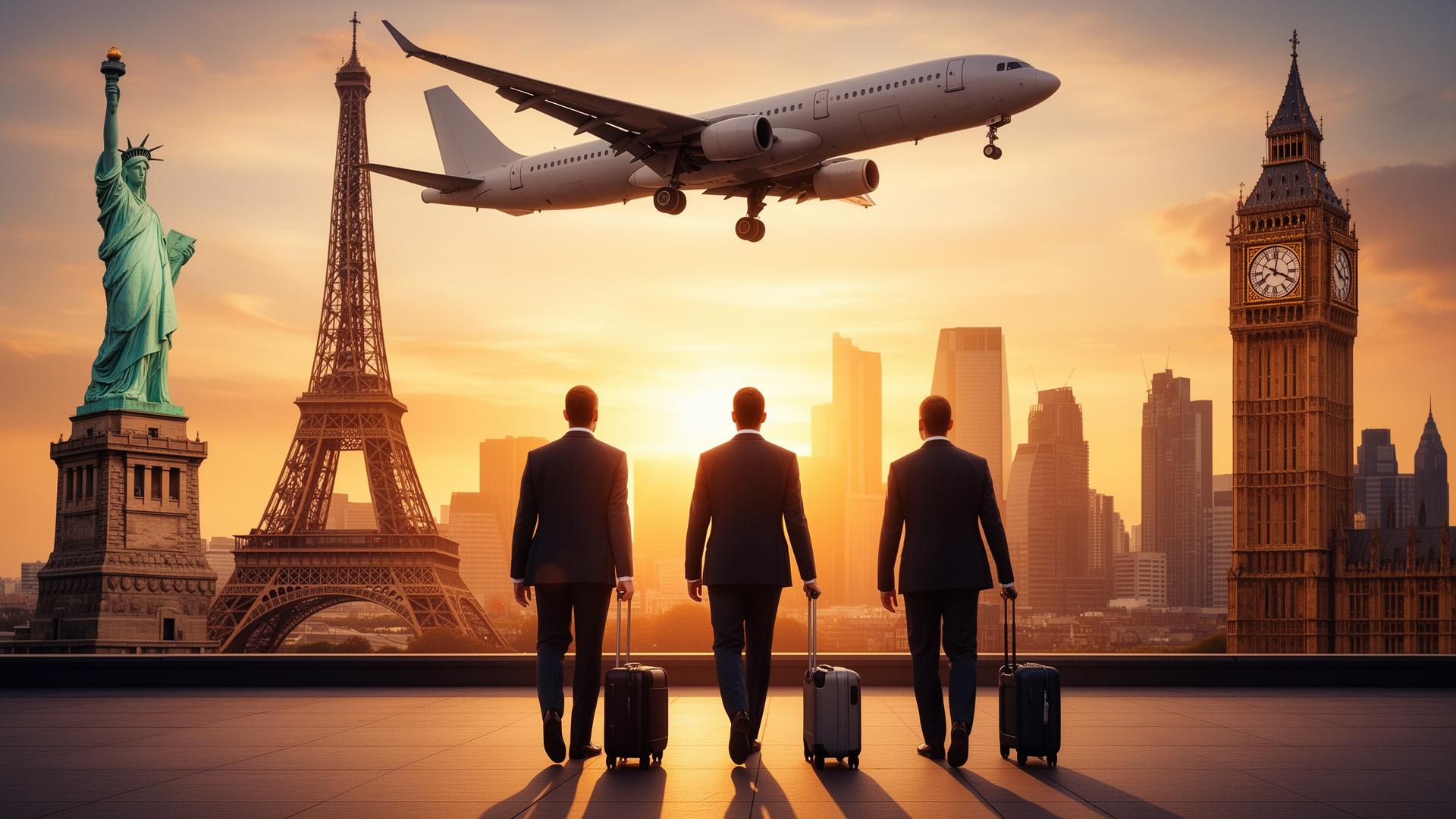 Travelers walking toward iconic landmarks with an airliner overhead at sunset
